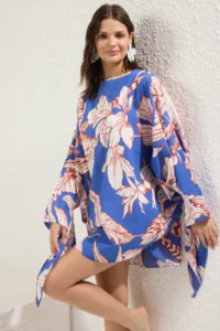 TRENDYOLMİLLA flower patterned Weaving Binding Detailed 100% Cotton Beach Mini Dress - Image 2
