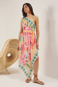 TRENDYOLMİLLA beachwear flower patterned Weaving One Shoulder Belted Midi Dress