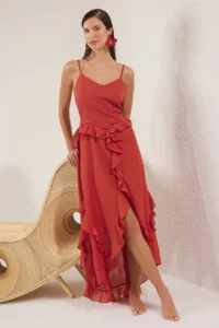 TRENDYOLMİLLA Brick Rejection Weaving with flywheel 100% Cotton Maxi Beach Dress