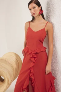 TRENDYOLMİLLA Brick Rejection Weaving with flywheel 100% Cotton Maxi Beach Dress - Image 2