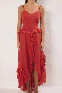 TRENDYOLMİLLA Brick Rejection Weaving with flywheel 100% Cotton Maxi Beach Dress - Image 3