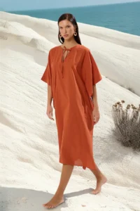 TRENDYOLMİLLA Brick Rejection Weaving 100% Cotton Maxi Beach Dress