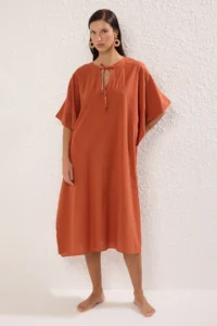 TRENDYOLMİLLA Brick Rejection Weaving 100% Cotton Maxi Beach Dress - Image 2
