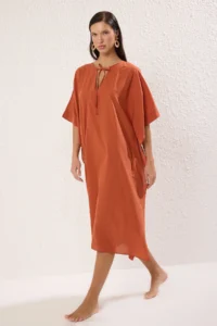 TRENDYOLMİLLA Brick Rejection Weaving 100% Cotton Maxi Beach Dress - Image 3