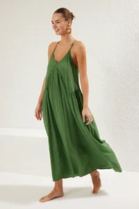 TRENDYOLMİLLA Green Weaving Accessory Detailed Maxi Beach Dress