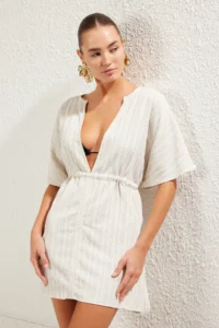 TRENDYOLMİLLA Ecru Weaving Shirred Beach Mini Dress - Image 2