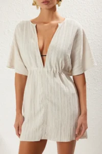 TRENDYOLMİLLA Ecru Weaving Shirred Beach Mini Dress - Image 4
