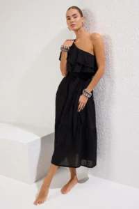 TRENDYOLMİLLA beachwear Black Weaving with flywheel One Shoulder Maxi Dress - Image 2