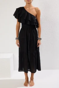 TRENDYOLMİLLA beachwear Black Weaving with flywheel One Shoulder Maxi Dress - Image 3