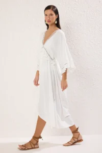 TRENDYOLMİLLA Ecru Weaving with flywheel Beach Midi Dress - Image 2