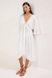TRENDYOLMİLLA Ecru Weaving with flywheel Beach Midi Dress - Image 3