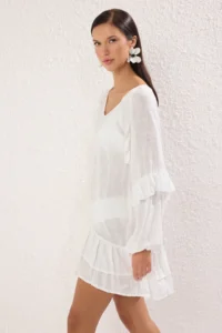 TRENDYOLMİLLA White Weaving with flywheel Beach Mini Dress - Image 2