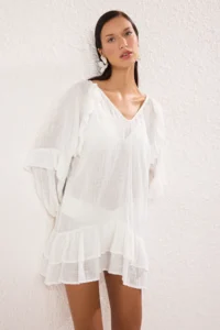 TRENDYOLMİLLA White Weaving with flywheel Beach Mini Dress - Image 3