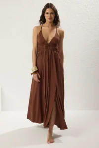 TRENDYOLMİLLA Brown Weaving Low-cut back Maxi Beach Dress - Image 2