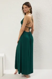 TRENDYOLMİLLA Emerald Green Weaving Low-cut back Maxi Beach Dress