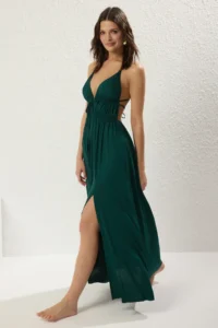TRENDYOLMİLLA Emerald Green Weaving Low-cut back Maxi Beach Dress - Image 3