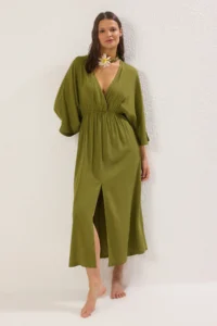 TRENDYOLMİLLA Green Weaving Shirred Maxi Beach Dress