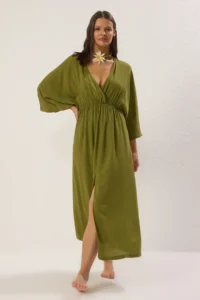 TRENDYOLMİLLA Green Weaving Shirred Maxi Beach Dress - Image 2