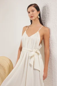 TRENDYOLMİLLA Beige Weaving Shirred Maxi Beach Dress - Image 3