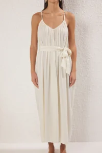 TRENDYOLMİLLA Beige Weaving Shirred Maxi Beach Dress - Image 4