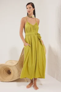 TRENDYOLMİLLA Dark Oil Green Weaving Shirred Maxi Beach Dress