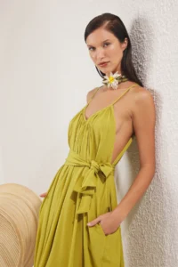 TRENDYOLMİLLA Dark Oil Green Weaving Shirred Maxi Beach Dress - Image 2