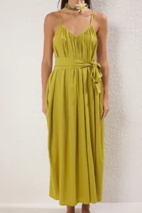 TRENDYOLMİLLA Dark Oil Green Weaving Shirred Maxi Beach Dress - Image 3