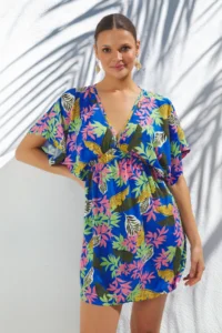 TRENDYOLMİLLA flower patterned Weaving Low-cut back Beach Mini Dress