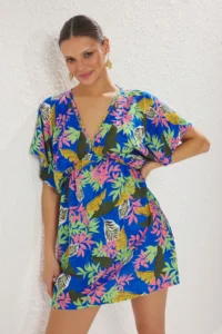 TRENDYOLMİLLA flower patterned Weaving Low-cut back Beach Mini Dress - Image 2