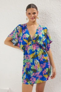 TRENDYOLMİLLA flower patterned Weaving Low-cut back Beach Mini Dress - Image 3