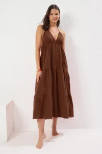 TRENDYOLMİLLA Brown Knitting Maxi Beach Dress