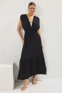 TRENDYOLMİLLA Black Weaving Low-cut back 100% Cotton Maxi Beach Dress - Image 2
