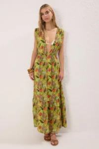 TRENDYOLMİLLA flower patterned Weaving Low-cut back 100% Cotton Maxi Beach Dress - Image 2
