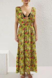 TRENDYOLMİLLA flower patterned Weaving Low-cut back 100% Cotton Maxi Beach Dress - Image 7