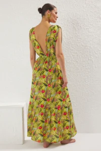 TRENDYOLMİLLA flower patterned Weaving Low-cut back 100% Cotton Maxi Beach Dress - Image 8