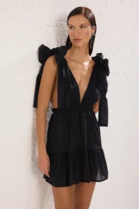TRENDYOLMİLLA Black Weaving Binding Detailed 100% Cotton Beach Mini Dress