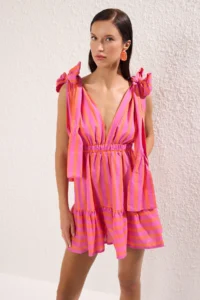 TRENDYOLMİLLA Striped Weaving Binding Detailed 100% Cotton Beach Mini Dress - Image 2