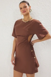 TRENDYOLMİLLA Brown Weaving Cut Out Beach Mini Dress