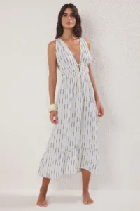 TRENDYOLMİLLA Mavi Striped Weaving Shirred Maxi Beach Dress