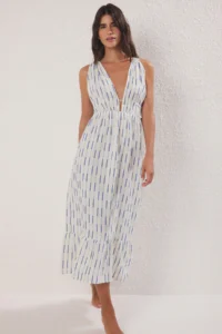 TRENDYOLMİLLA Mavi Striped Weaving Shirred Maxi Beach Dress - Image 2