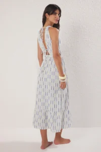TRENDYOLMİLLA Mavi Striped Weaving Shirred Maxi Beach Dress - Image 4