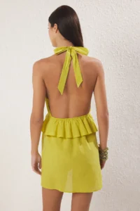 TRENDYOLMİLLA Oil Green Weaving Rose Appliqued 100% Cotton Beach Mini Dress - Image 4