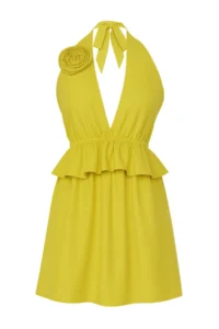 TRENDYOLMİLLA Oil Green Weaving Rose Appliqued 100% Cotton Beach Mini Dress - Image 5