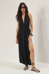 TRENDYOLMİLLA Black Weaving Low-cut back Maxi Beach Dress