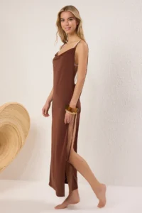 TRENDYOLMİLLA Brown Knitting slit Maxi Beach Dress