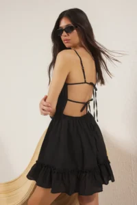 TRENDYOLMİLLA Black Weaving with flywheel 100% Cotton Beach Mini Dress - Image 2