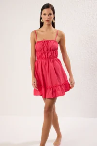 TRENDYOLMİLLA Pink Weaving with flywheel 100% Cotton Beach Mini Dress