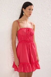 TRENDYOLMİLLA Pink Weaving with flywheel 100% Cotton Beach Mini Dress - Image 3