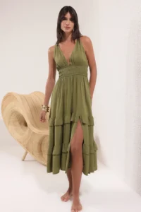 TRENDYOLMİLLA Khaki Weaving Shirred Maxi Beach Dress - Image 2