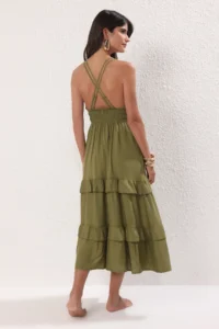 TRENDYOLMİLLA Khaki Weaving Shirred Maxi Beach Dress - Image 4